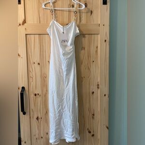 Zara White Satin Effect Midi Dress Size L